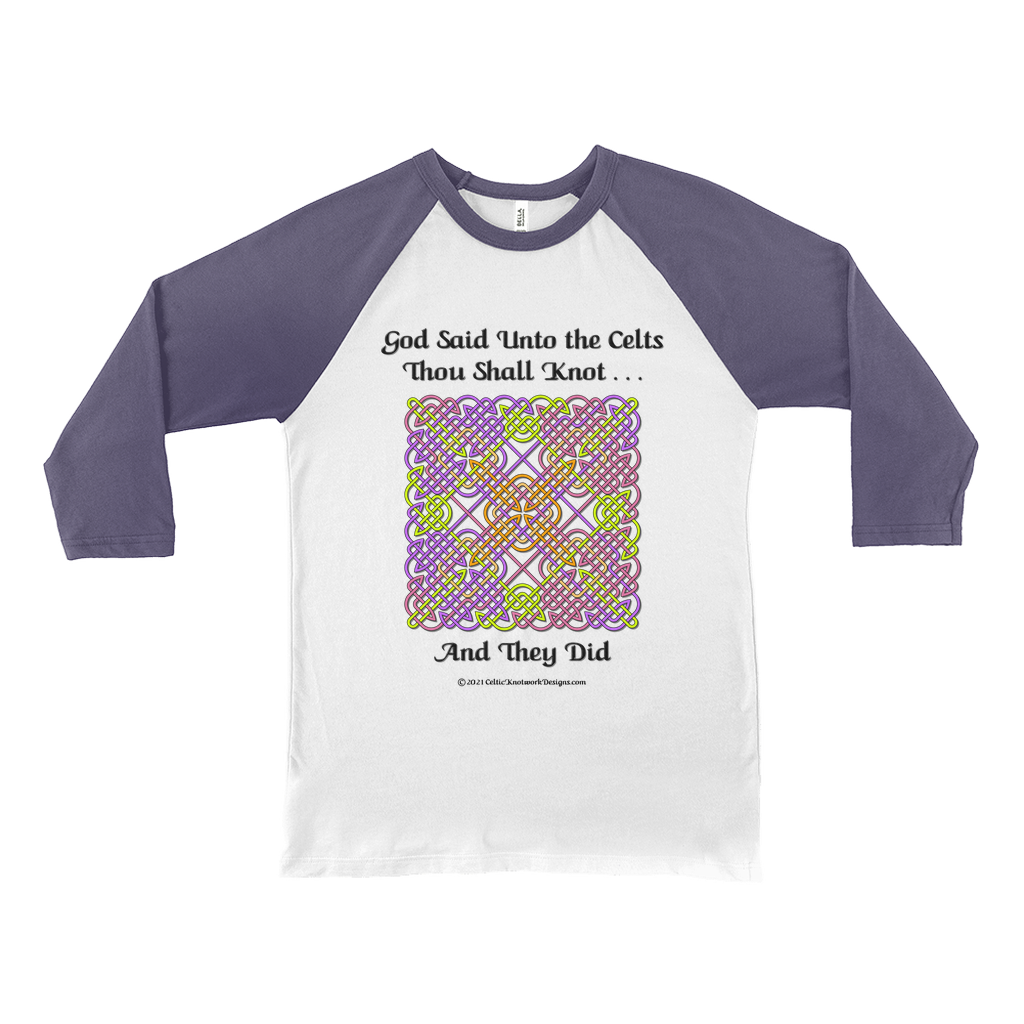 God Said Unto the Celts, Thou Shall Knot . . . And They Did Celtic Knotwork Panel white with navy 3/4 sleeve baseball shirt