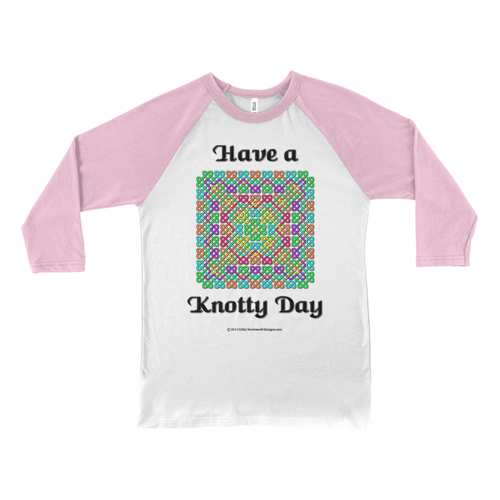 Have a Knotty Day Celtic Knotwork Panel white with neon pink 3/4 sleeve baseball shirt