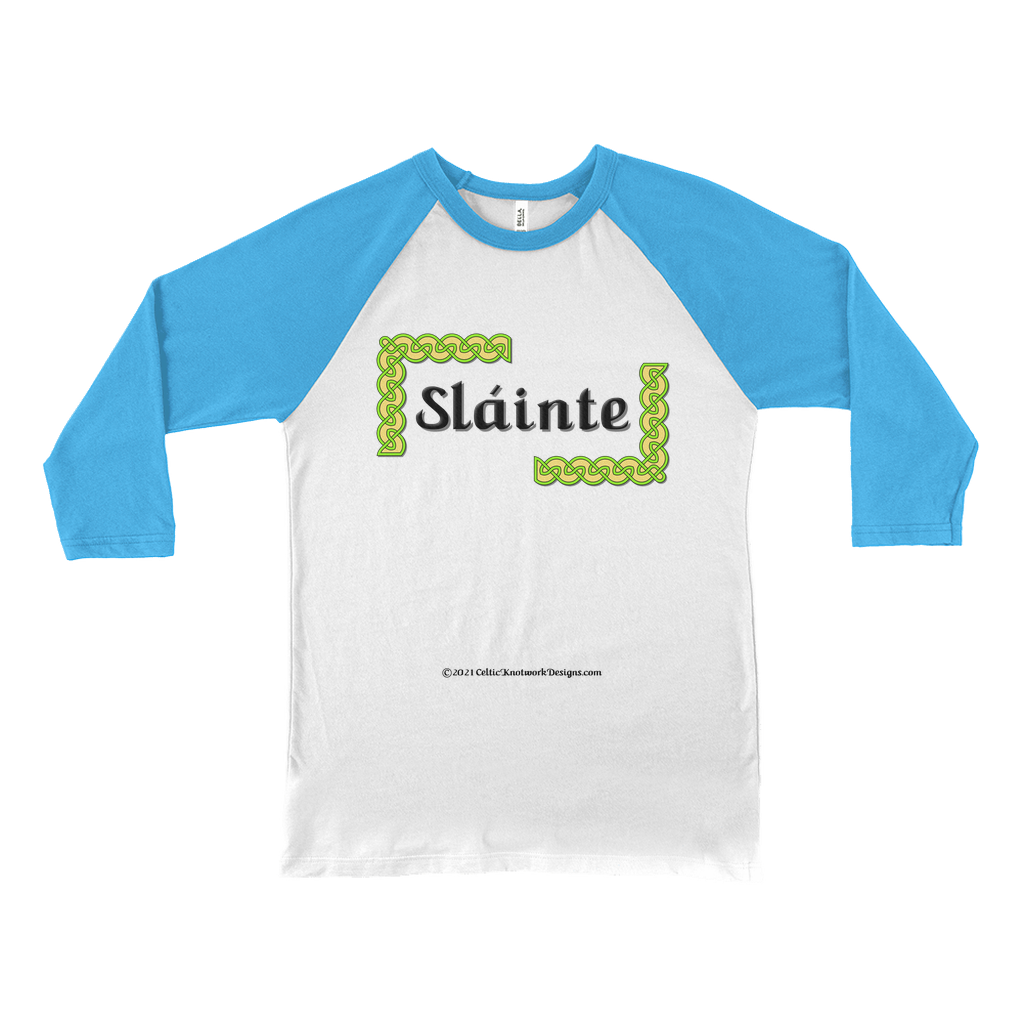 Slainte Celtic Knots white with neon blue baseball shirt