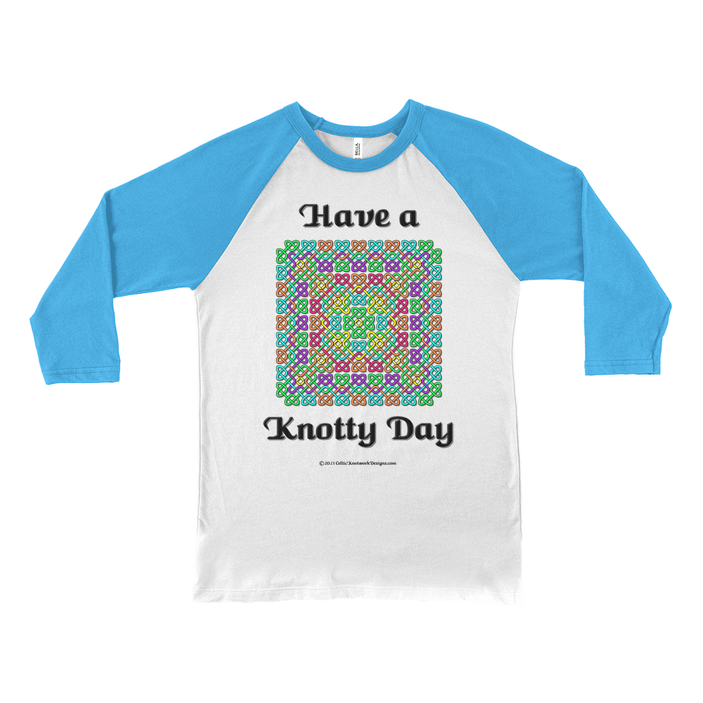 Have a Knotty Day Celtic Knotwork Panel white with neon blue 3/4 sleeve baseball shirt
