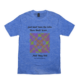 God Said Unto the Celts, Thou Shall Knot . . . And They Did Celtic Knotwork Panel heather royal T-shirt sizes XS-S