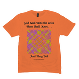 God Said Unto the Celts, Thou Shall Knot . . . And They Did Celtic Knotwork Panel orange T-shirt sizes M-L