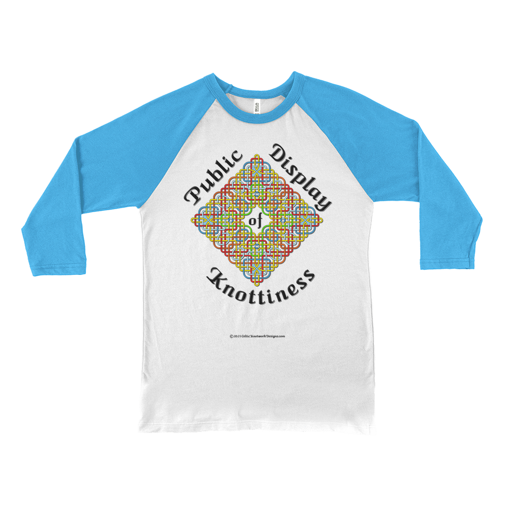 Public Display of Knottiness Celtic Knotwork Frame white with neon blue 3/4 sleeve baseball shirt