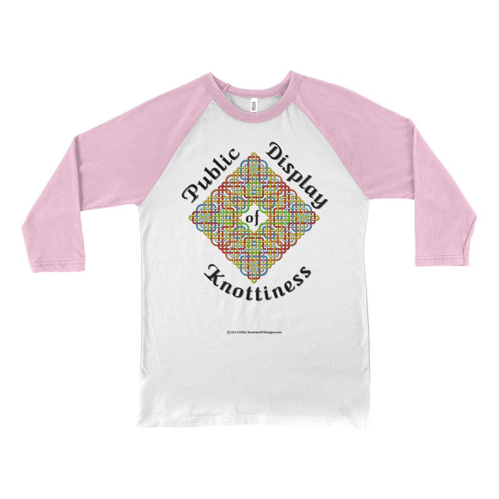 Public Display of Knottiness Celtic Knotwork Frame white with neon pink 3/4 sleeve baseball shirt