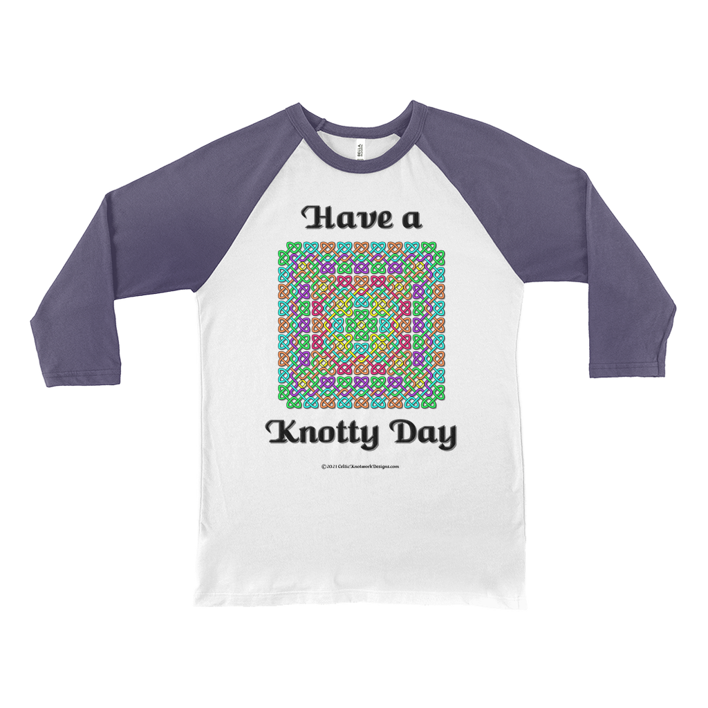 Have a Knotty Day Celtic Knotwork Panel white with navy 3/4 sleeve baseball shirt
